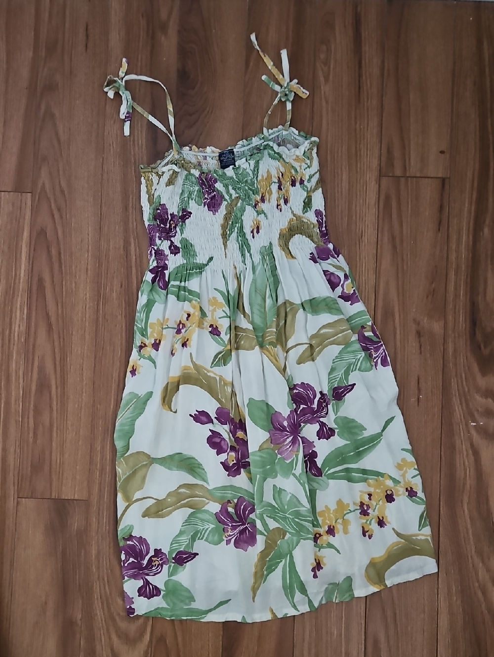 Hibiscus Collection Hawaii Smocked Floral Sundress in White, Purple & Green